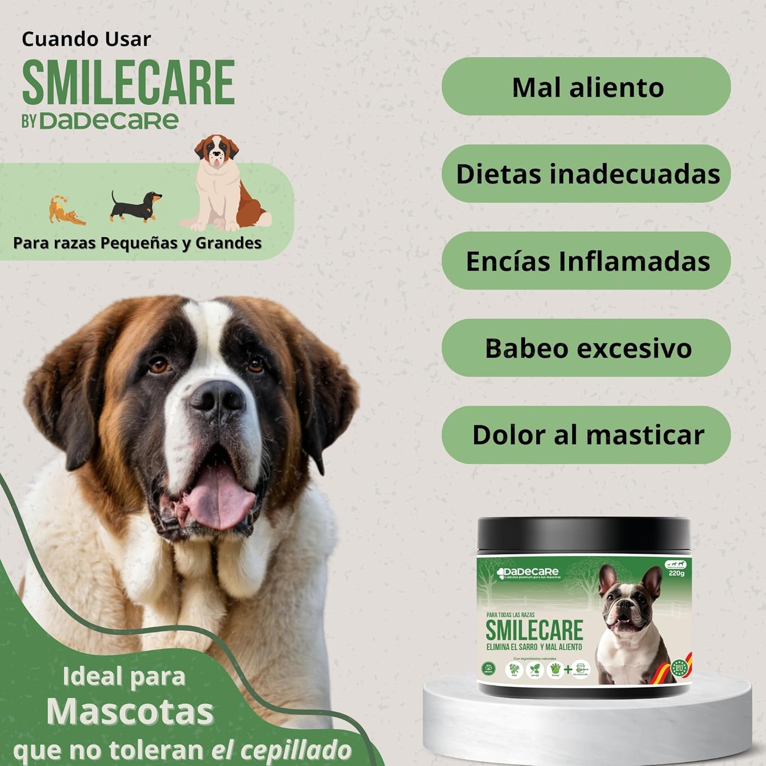 Smilecare – Powders for Bad Breath 220g Kelp – Natural Alternative Toothpaste for Dogs and Cats, Improves Breath, Reduces Tartar, Prevention Dental Problems – No Daily Brushing
